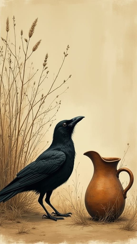 Curious Crow and Rustic Pitcher in Folk-Art Style