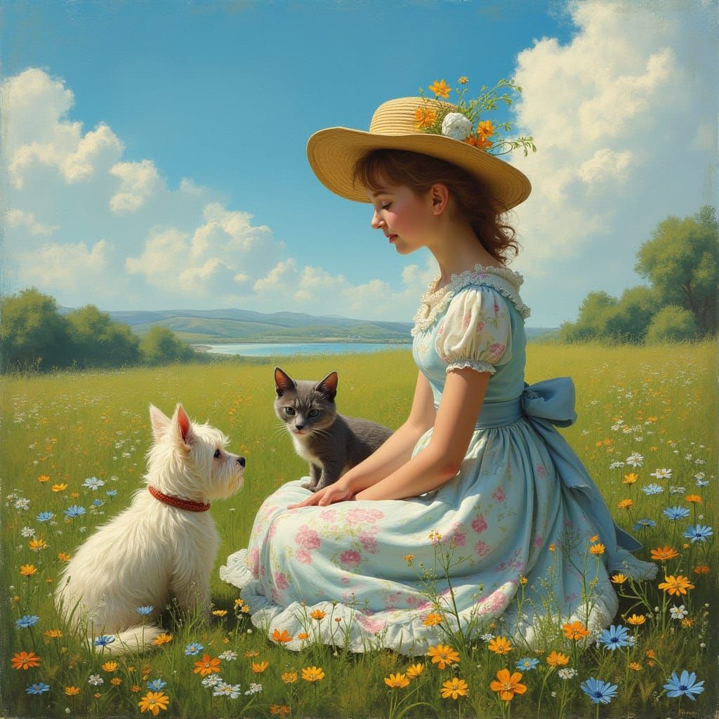 Joyful Girl Surrounded by Fox Terrier and Grey Cat in a Lush...