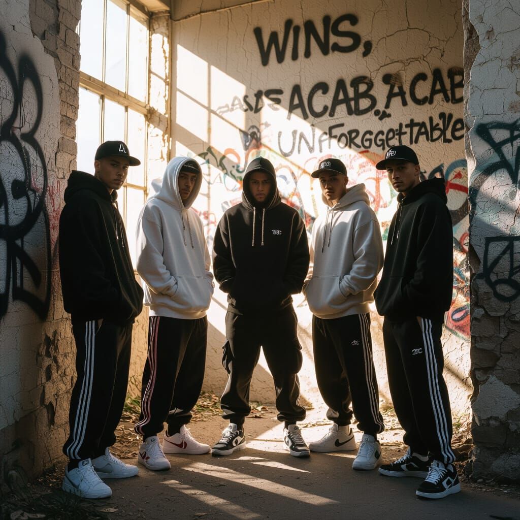 Brotherhood Poses by Graffiti Wall in Dramatic Black and Whi...