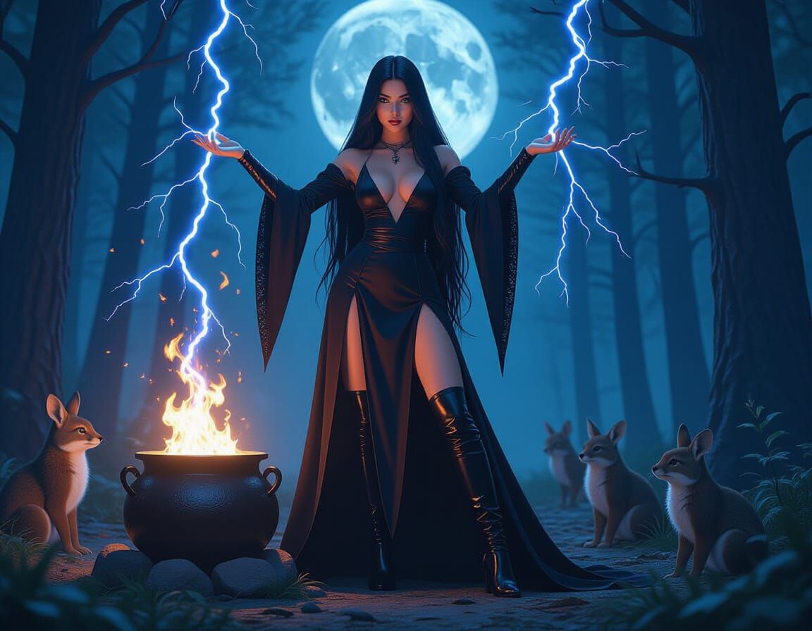 Beautiful Witch Casting Lightning From Fingertips