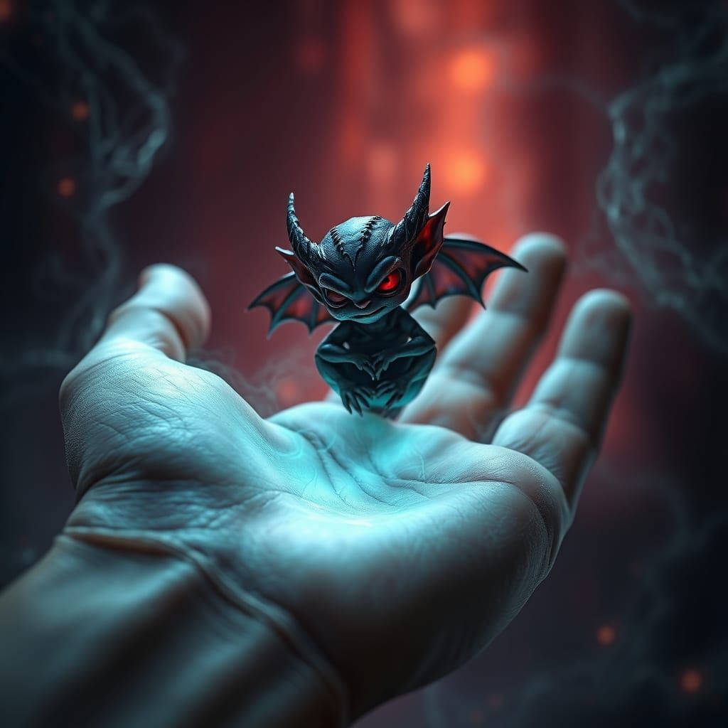 Mystical Dark Imp Perched in Bony Hand