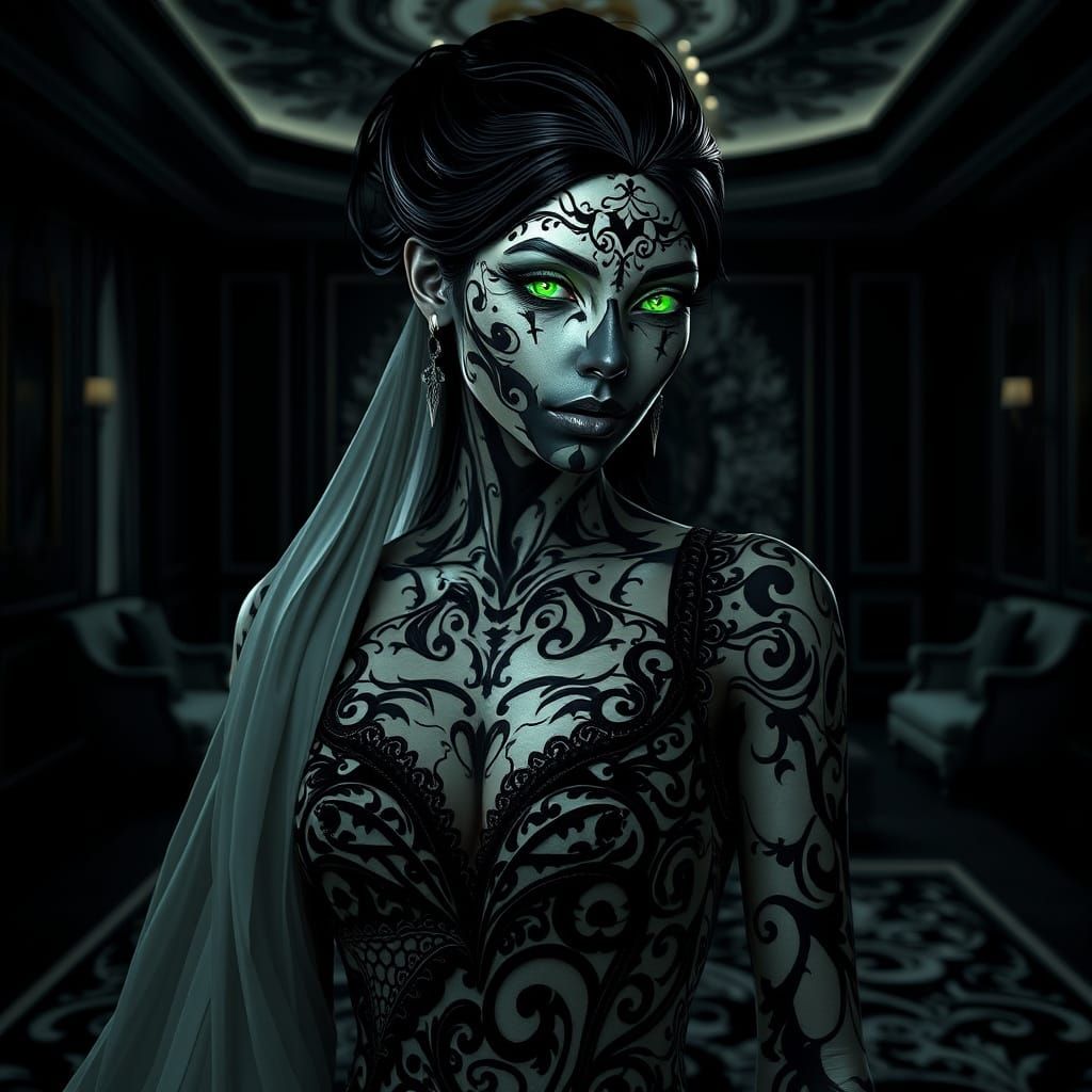 Enchanting Woman with Polished Stone Skin and Dazzling Green...