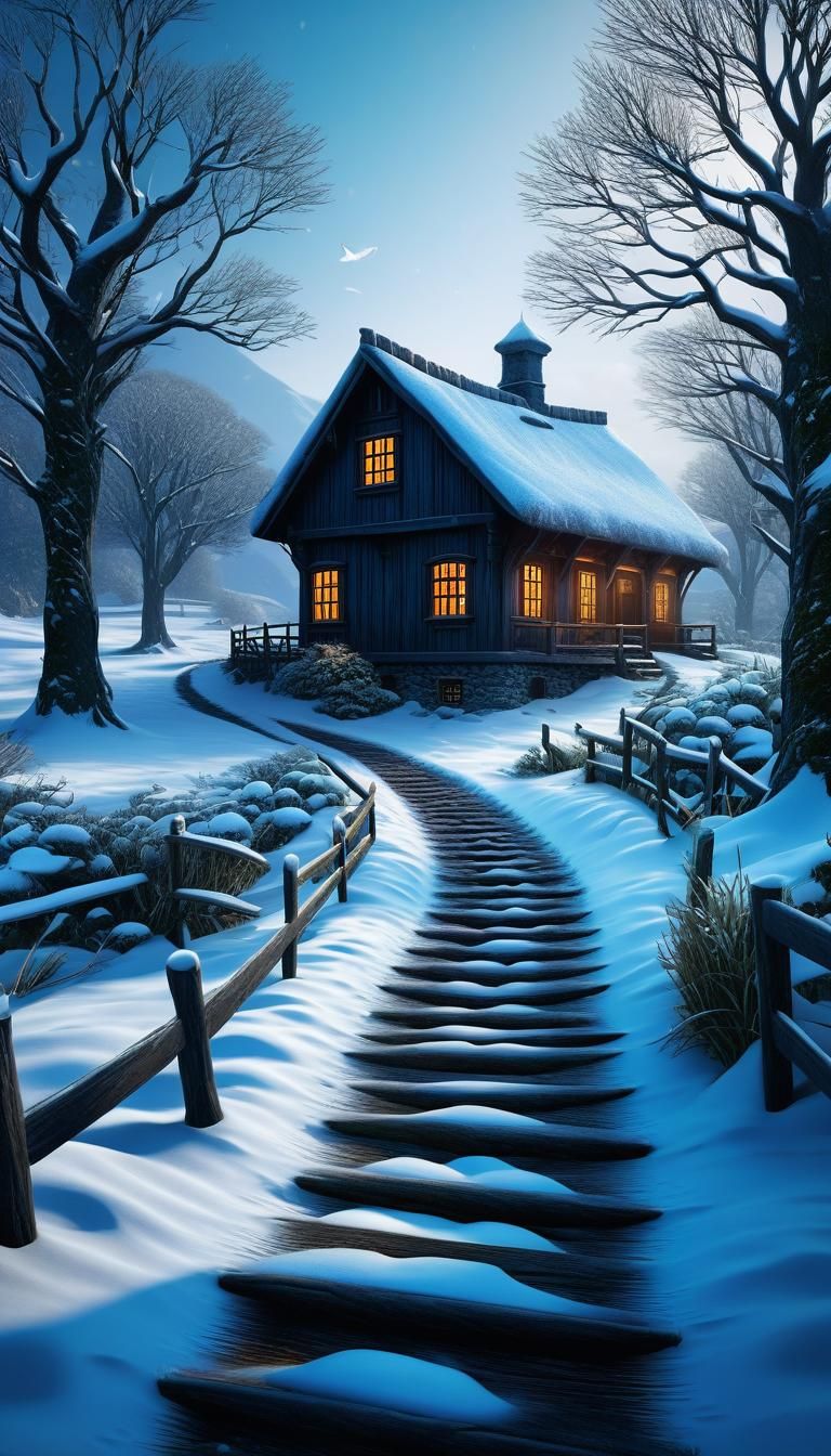 Snowy Path to Farmhouse: Detailed Matte Painting