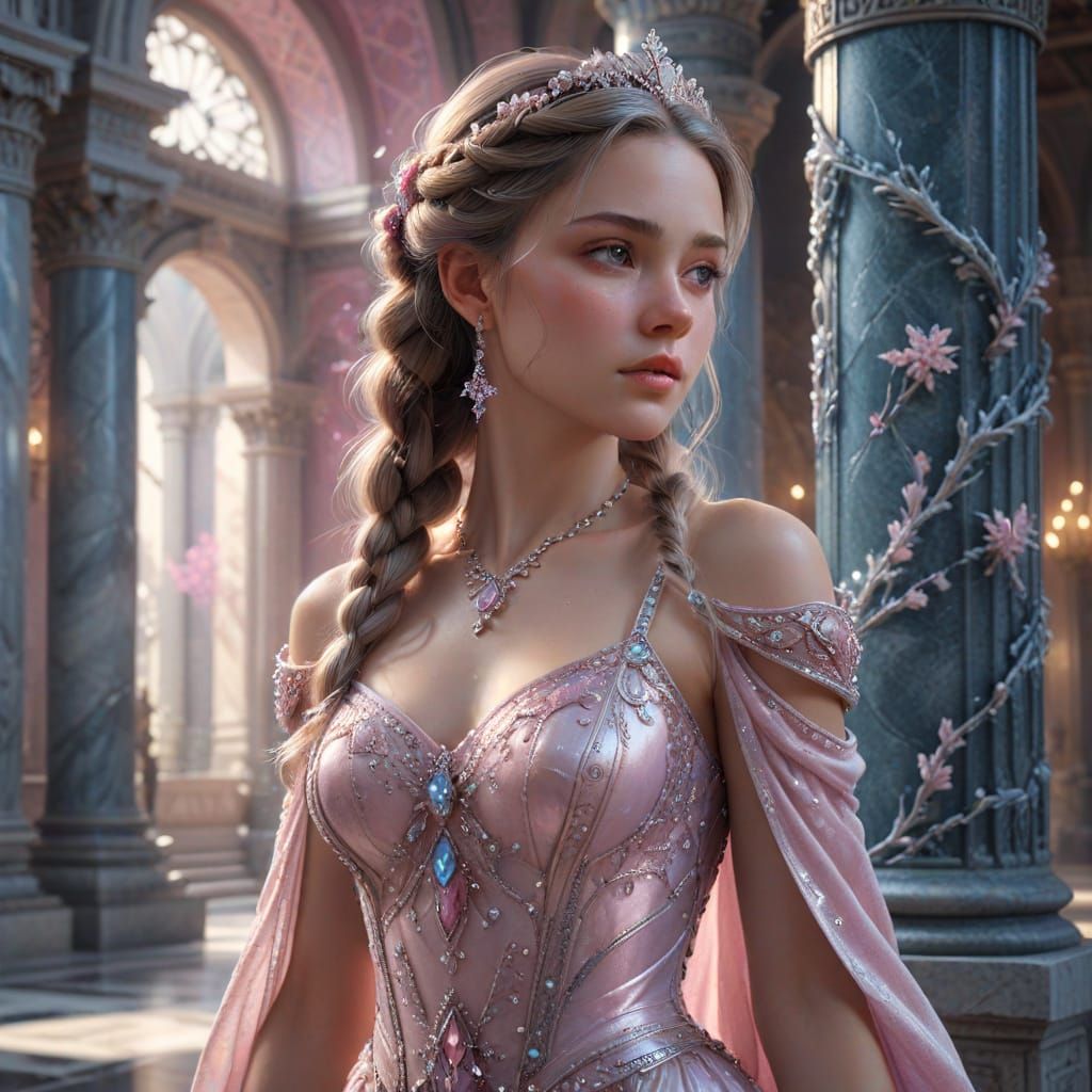 Princess in Ice-Pink Gown in Ethereal Fantasy Palace