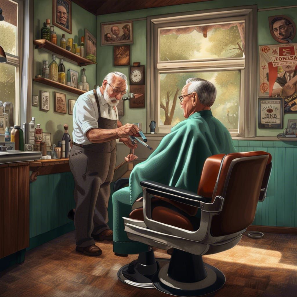 Old man getting a haircut in 1950 barbershop