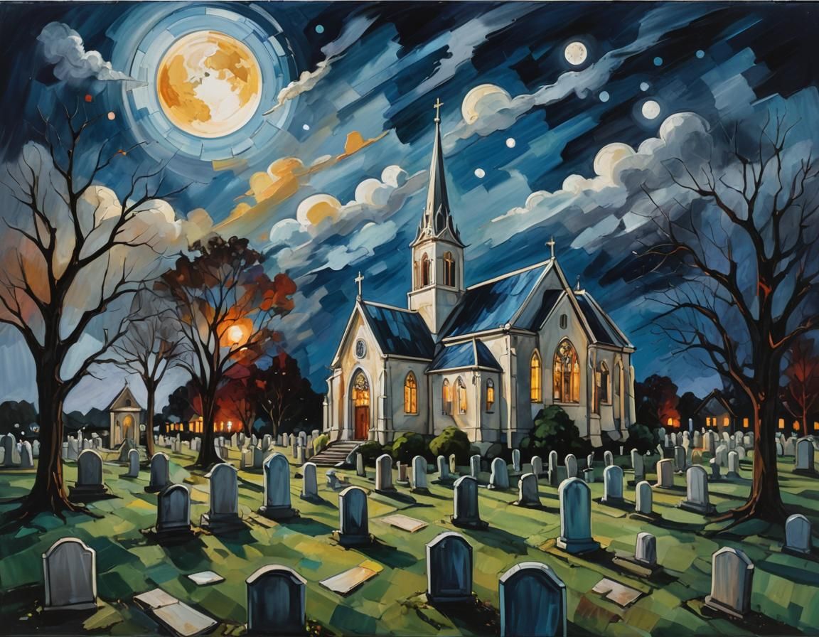 Expressionist Church and Graveyard Under Moonlight