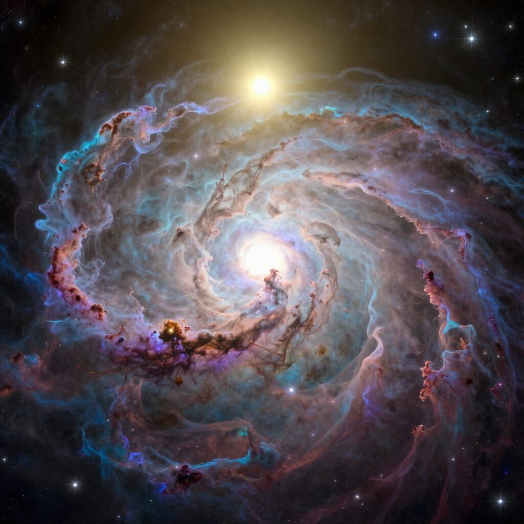 Cosmic Panorama with Ethereal Light Above the Universe