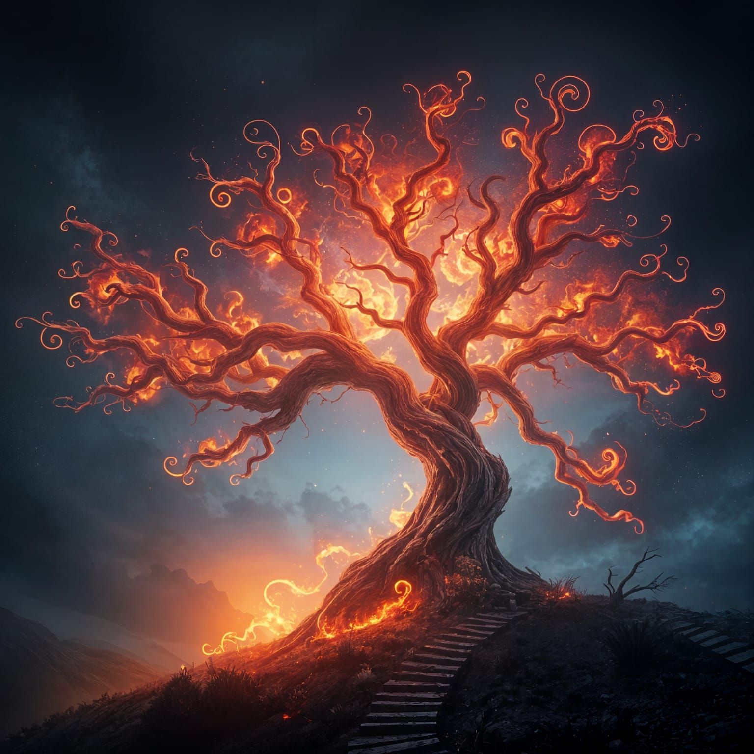 Fantasy Tree Burning in Surreal Landscape
