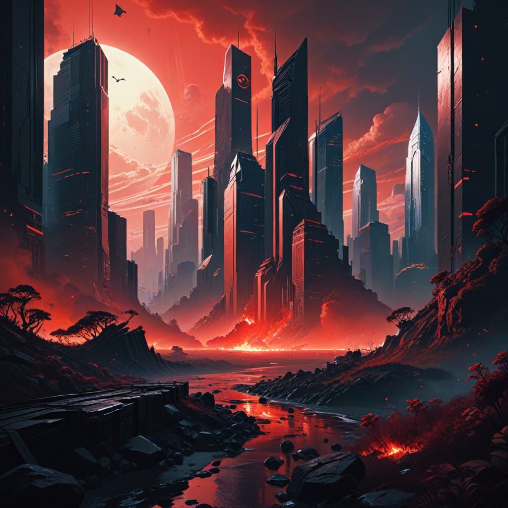 Surreal Cityscape in Vibrant Reds and Black Silhouettes