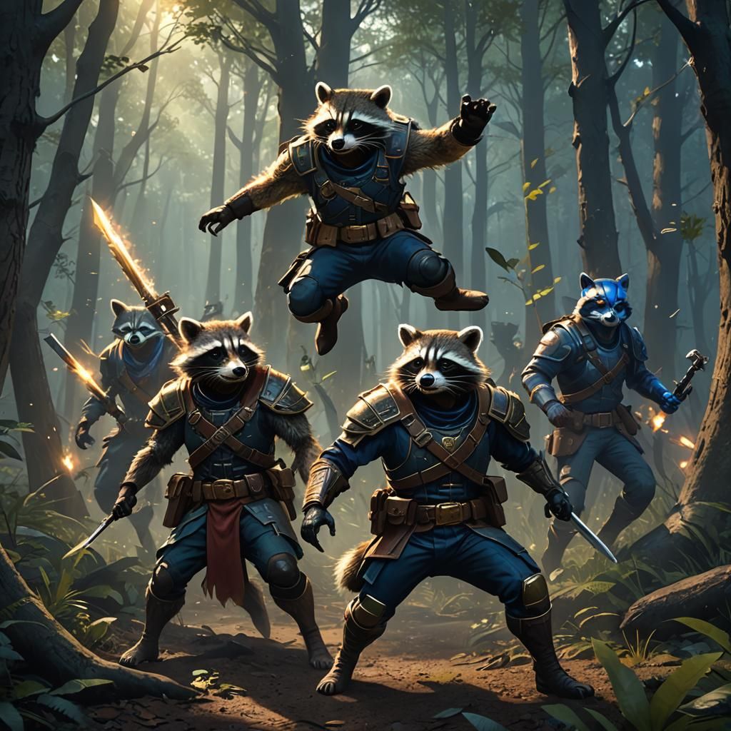 Raccoon Soldier Attacks in Mystical Forest