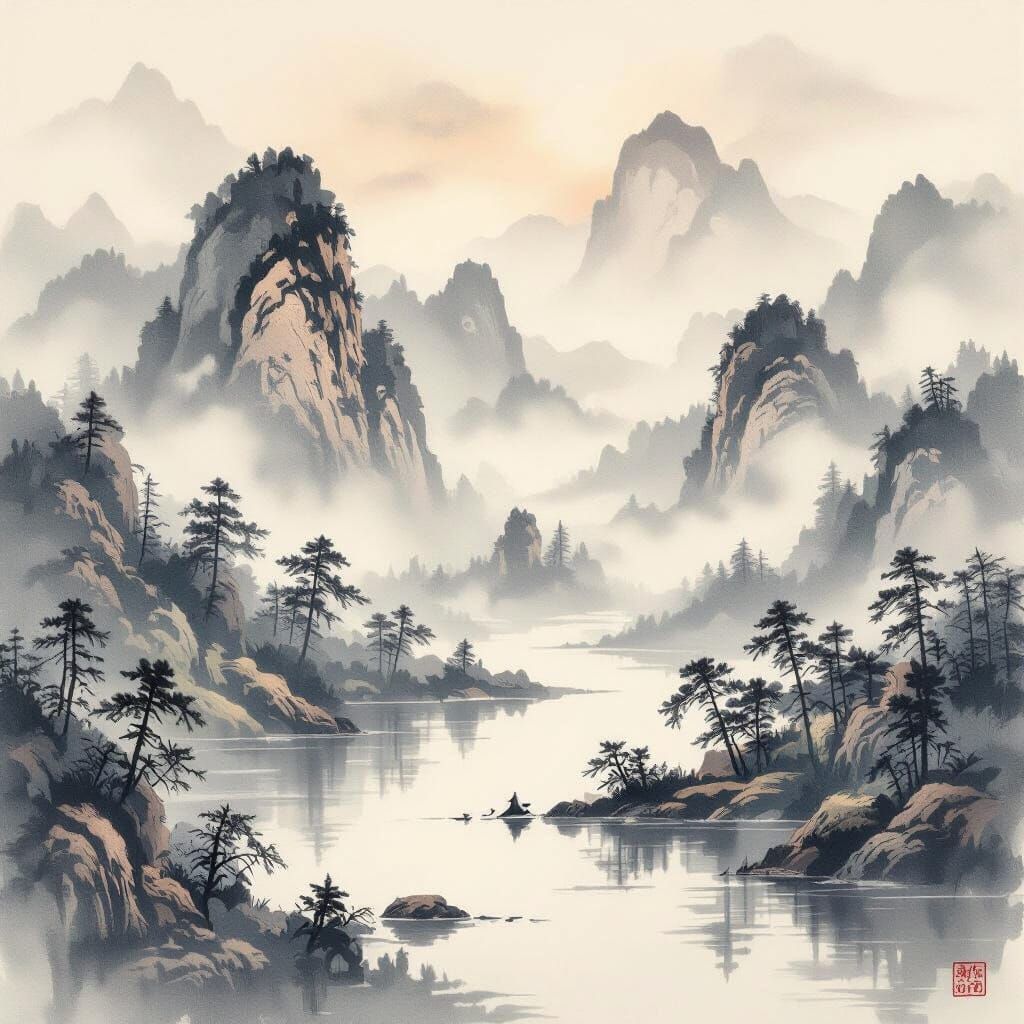 Serene Chinese Landscape Painting with Ink Wash Mountains