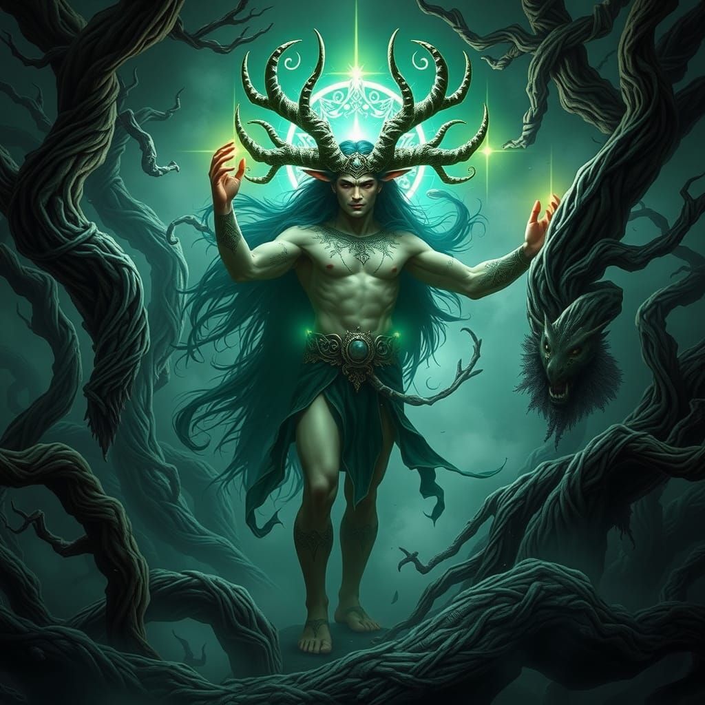 Majestic Celtic Deity Amidst Turbulent Nature