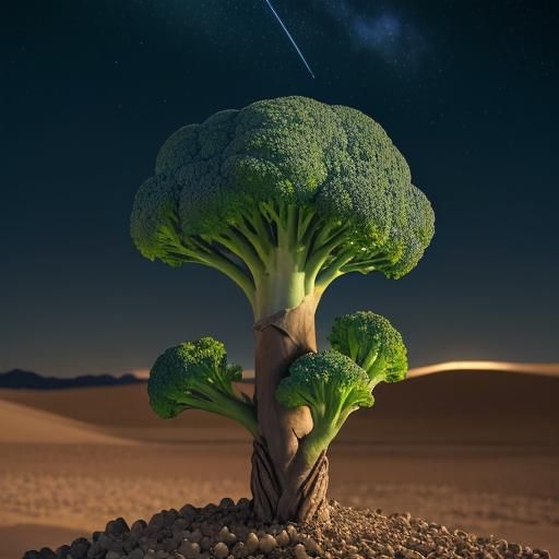 Illuminated Broccoli Growing in Desert Night Sky