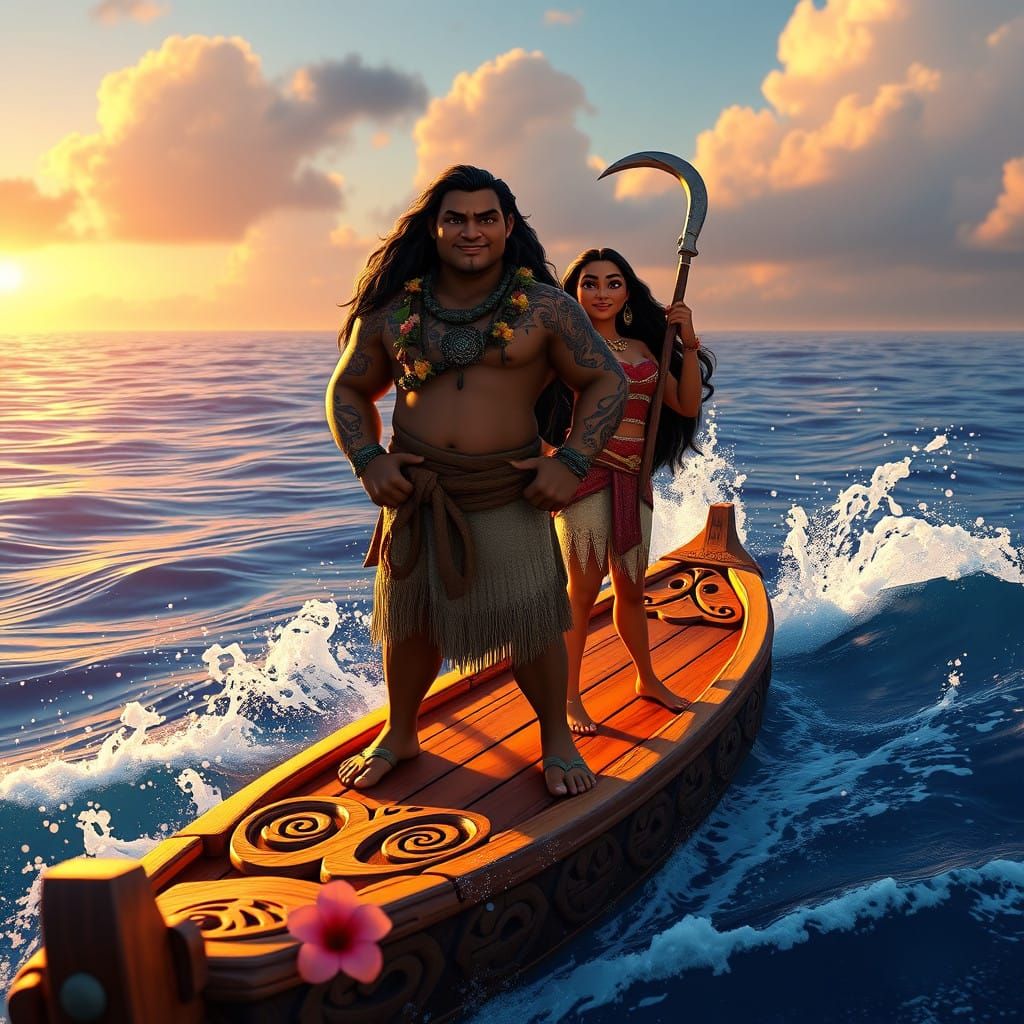 Moana and Maui on a Majestic Raft in a Tropical Sunset