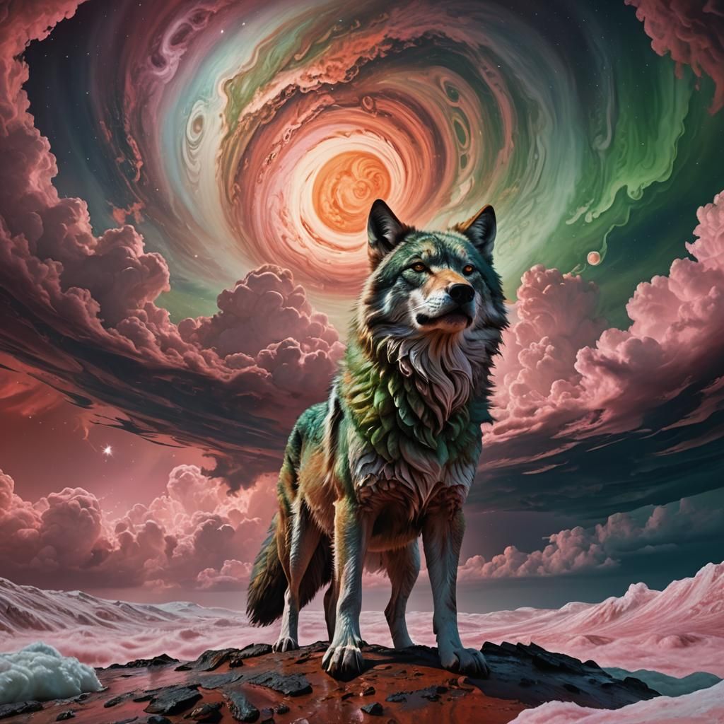 Majestic Wolf on Jupiter in Surrealist Style