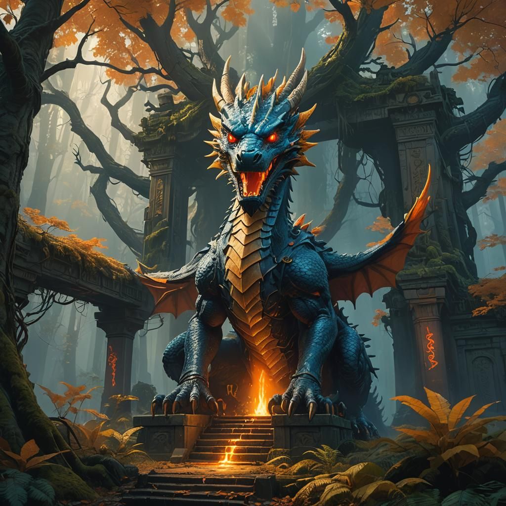 Majestic Dragon Soars Through Mystical Forest Temple