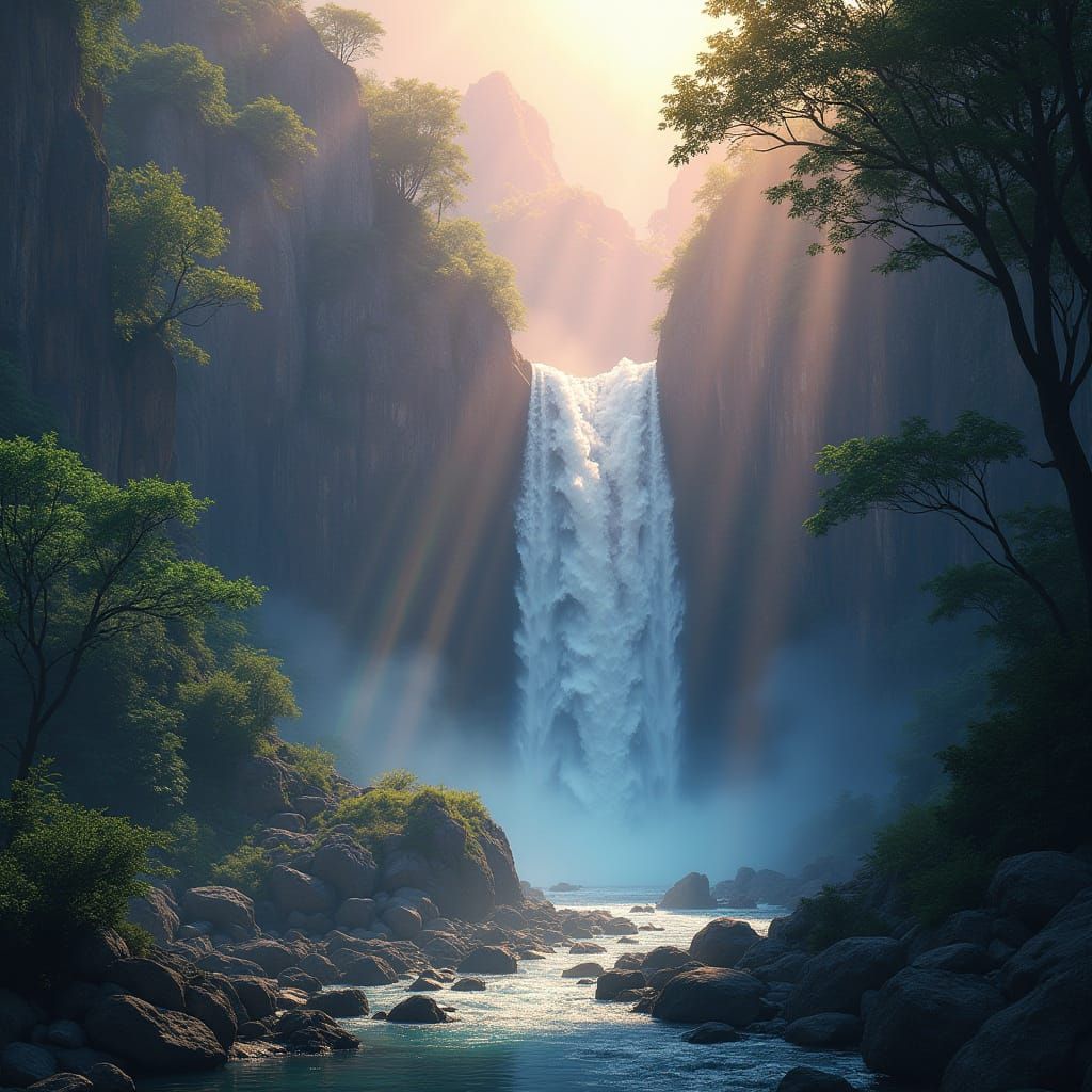 Serene Waterfall in Futuristic Landscape with Crystal Format...