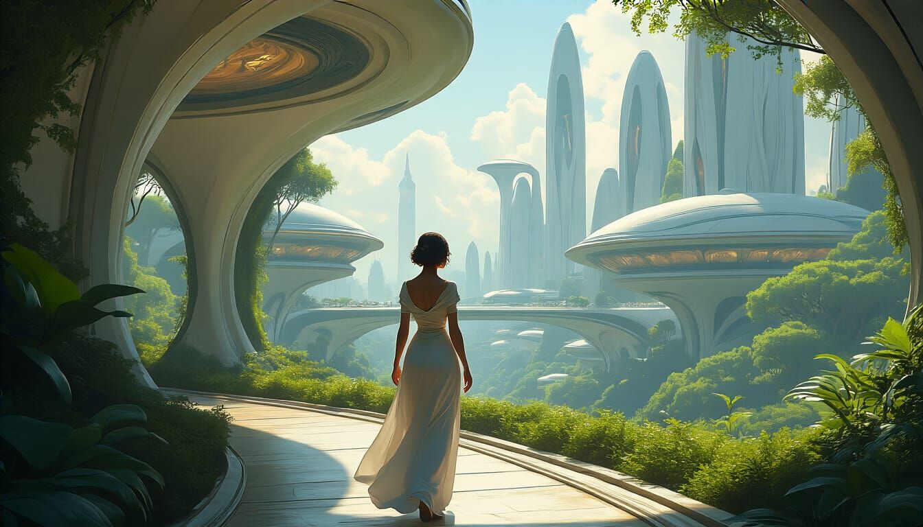 Utopic Future: Woman in Verdant Frutiger Cityscape