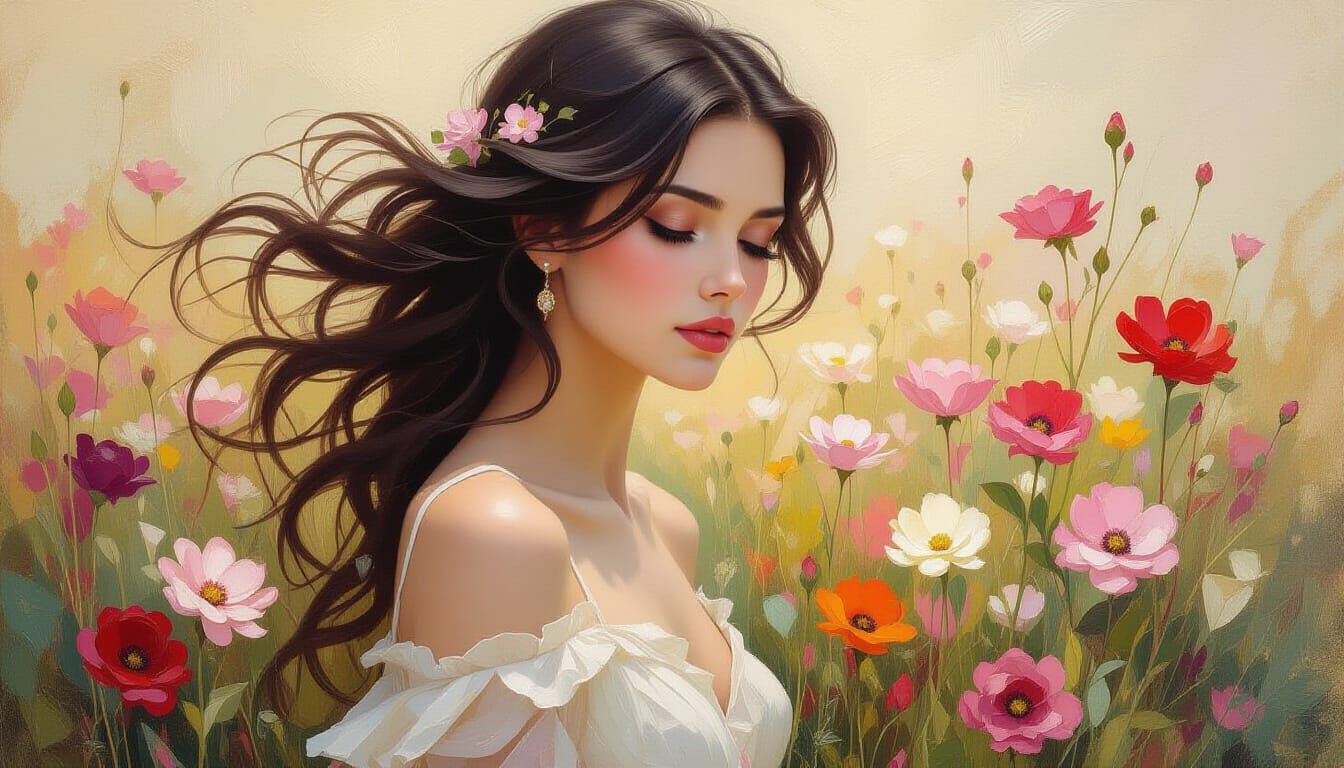 Ethereal Woman in Floral Field: Impasto Painting
