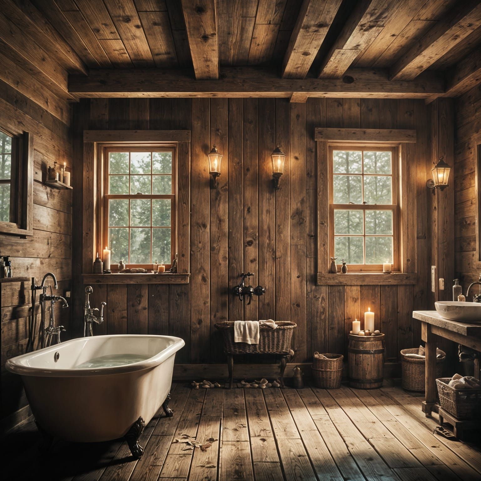 Cabin Bathroom with Clawfoot Tub and Candlelight