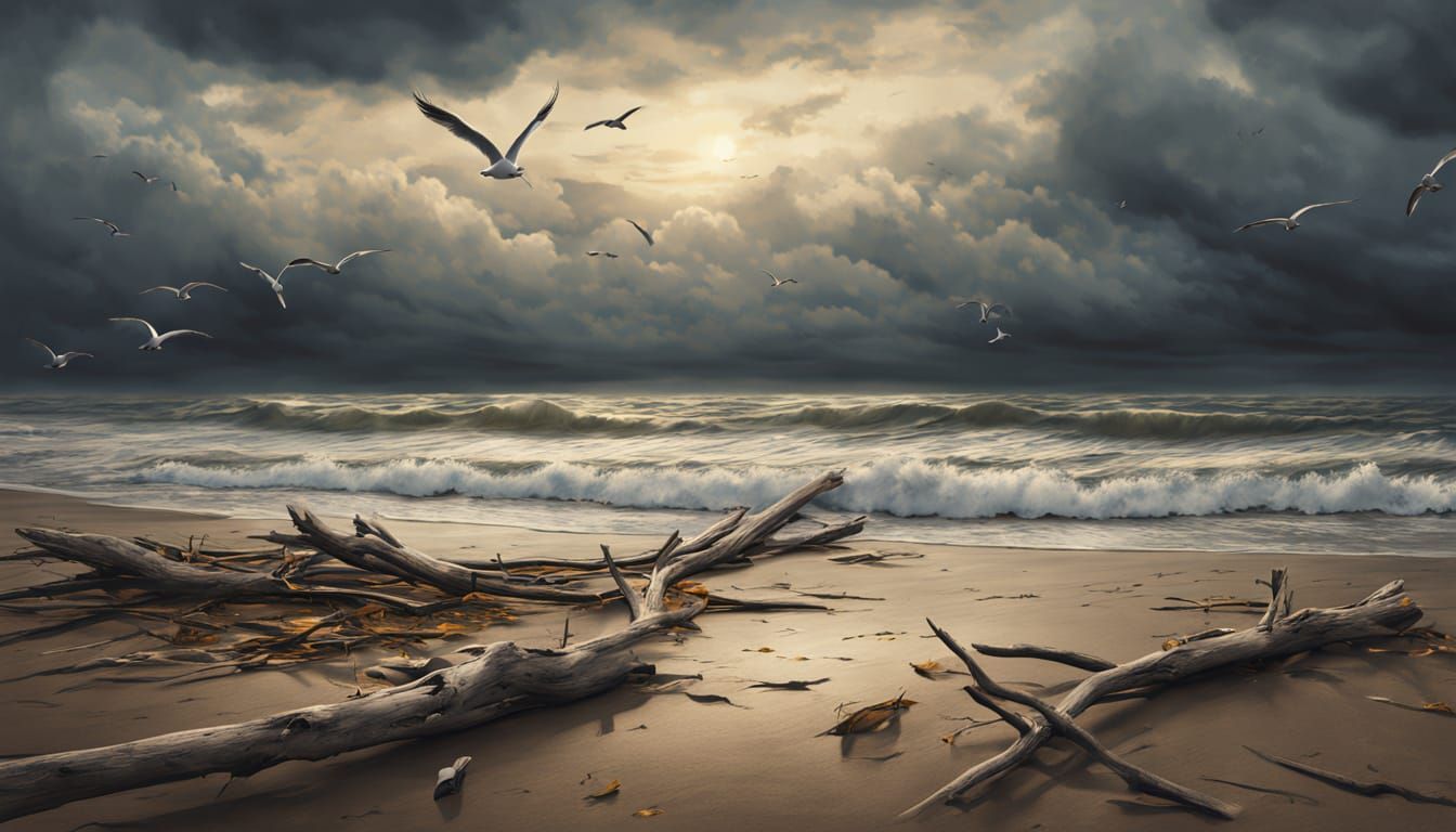 Gloomy Autumn Seashore At Golden Hour