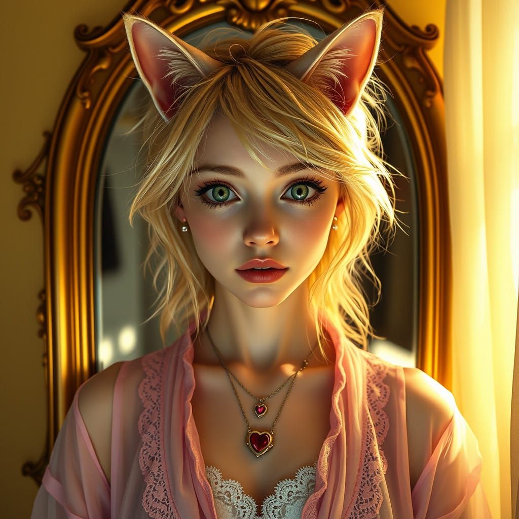 Catgirl's Enchanted Reflection in Warm Golden Light
