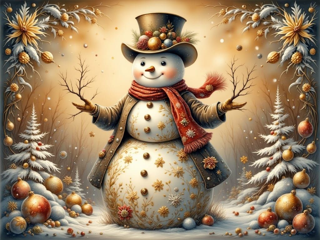 A highly stylized and ornate snowman