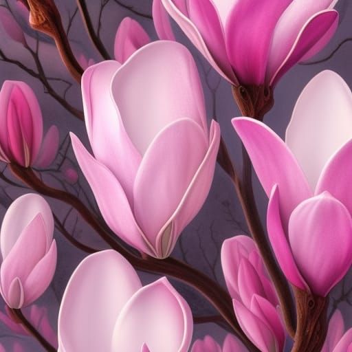 Magnolia Blossoms in Pink and White: Detailed Digital Painti...