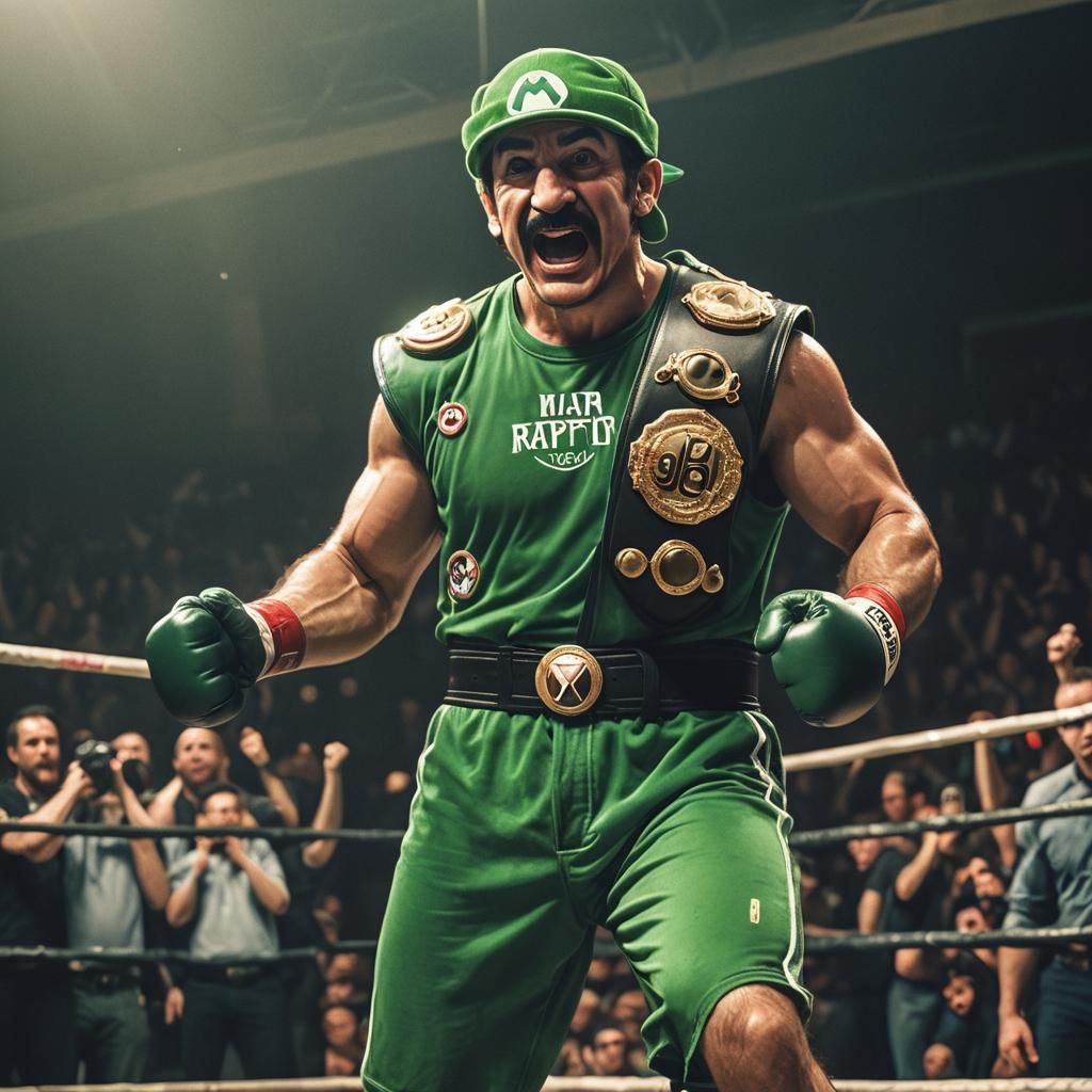 Luigi as MMA Champion: Hyperrealistic Cinematic Still