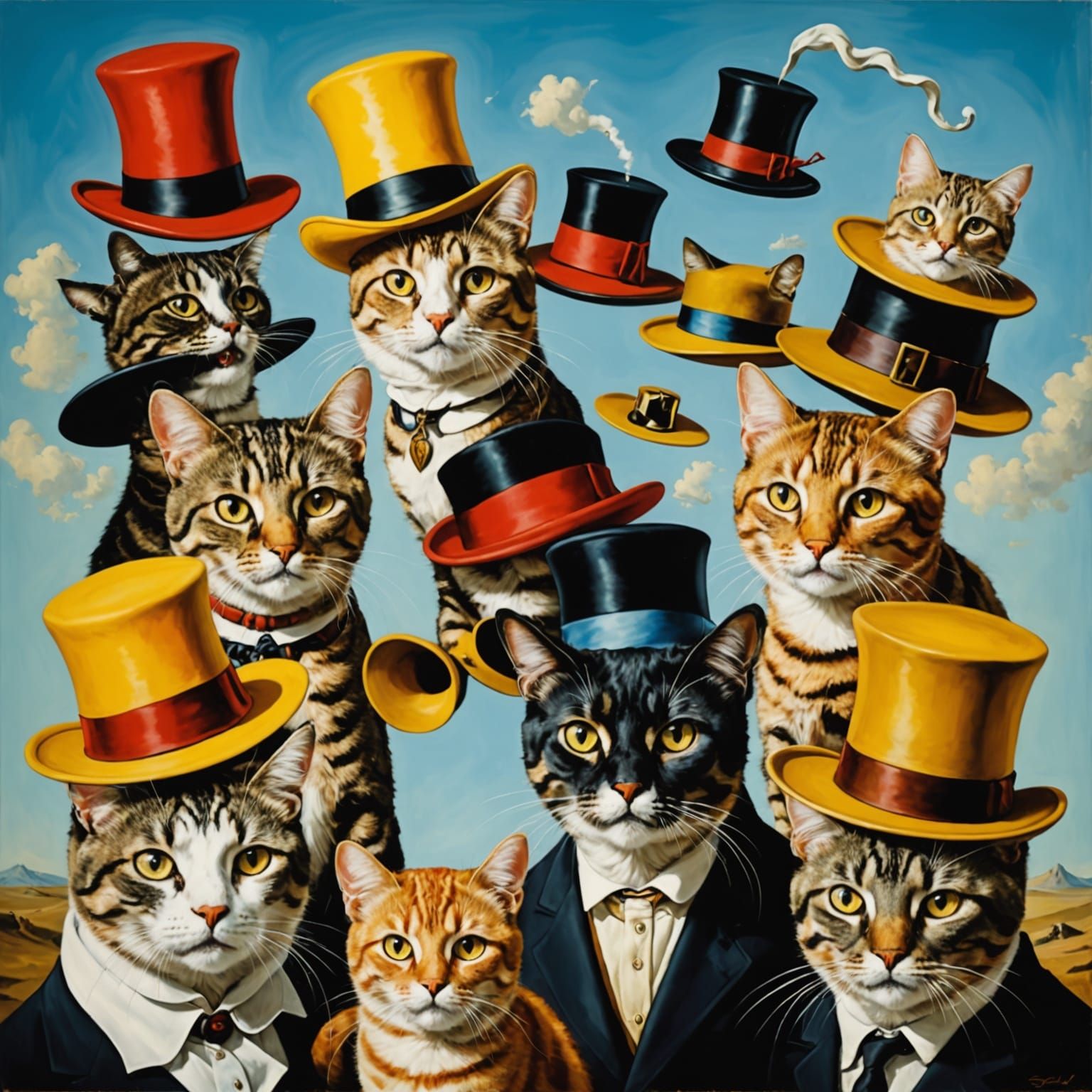 Cats vs Dogs Hats Surrealism Oil Painting