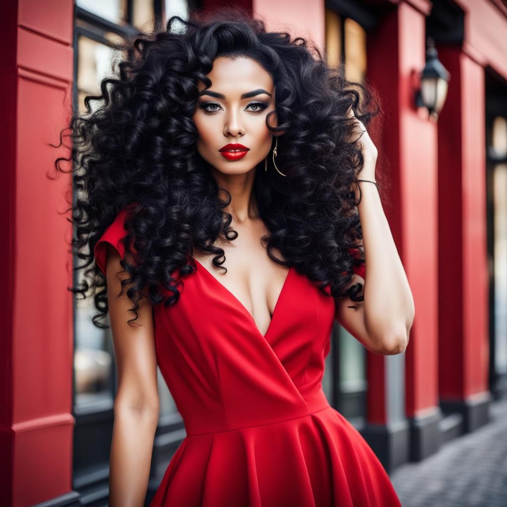 Beautiful Eurasian Woman in Red Dress Portrait