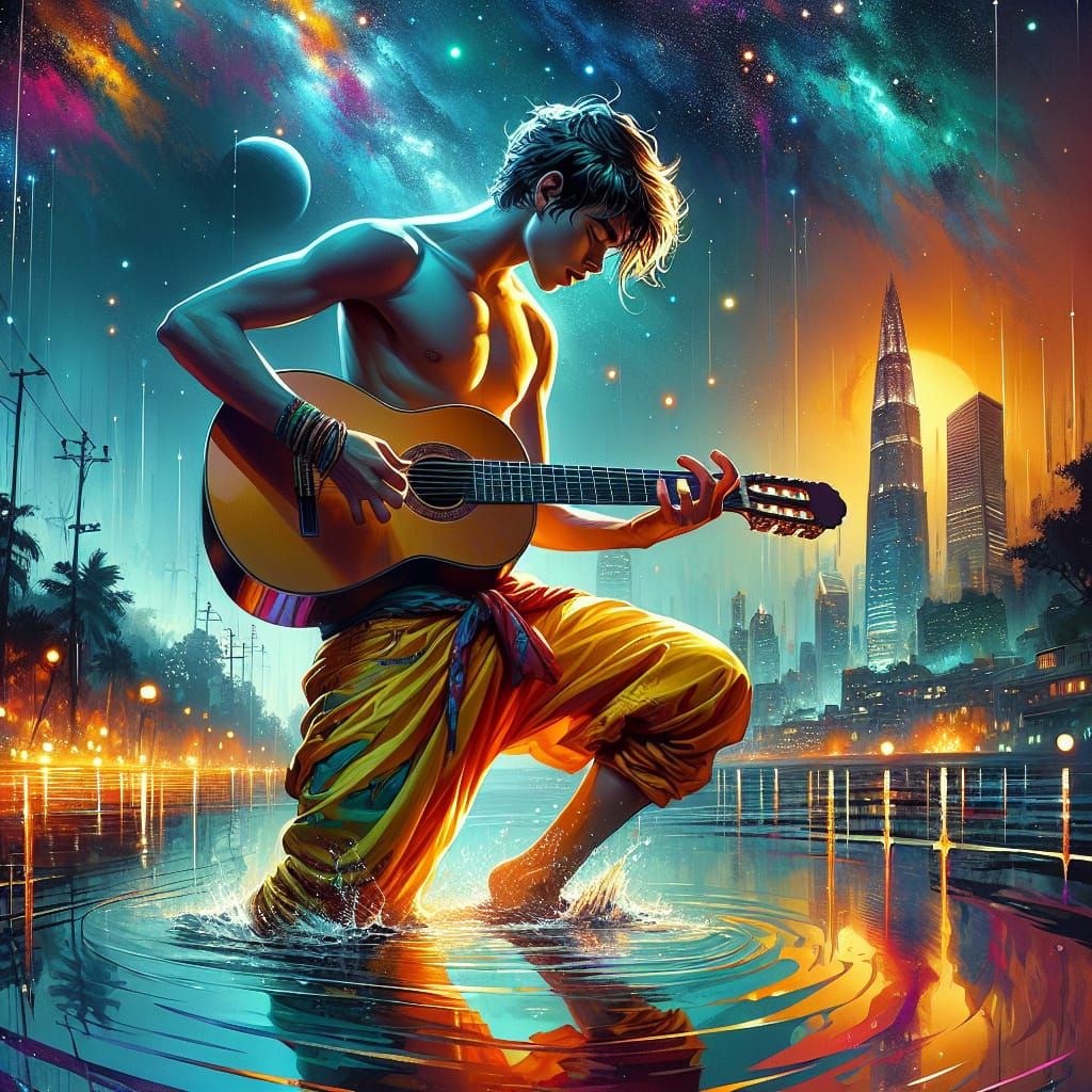 Shirtless Boy Plays Guitar at Night: Splash Art Style