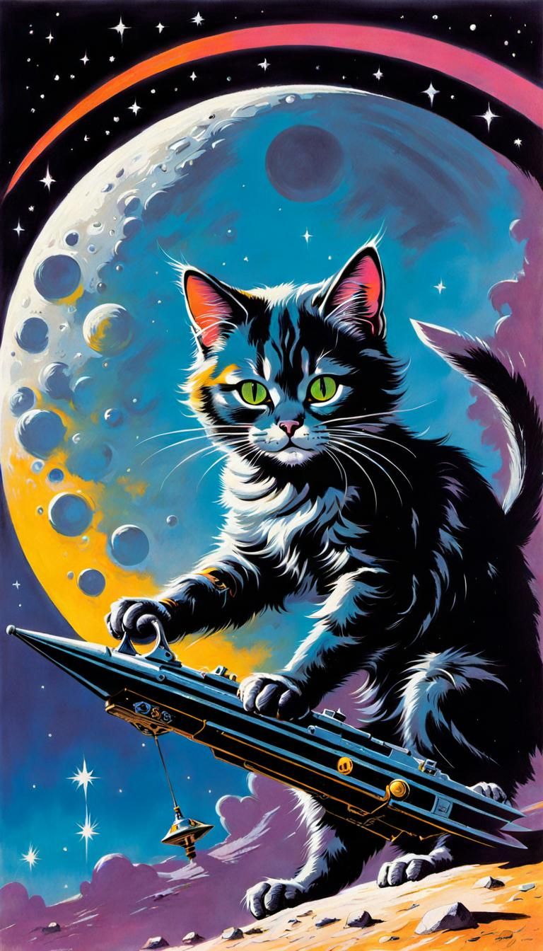 Sci-Fi Cat Pulling Moon Lever, Retro Art