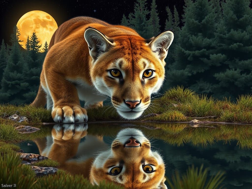 Cougar and Reflection in Forest Landscape