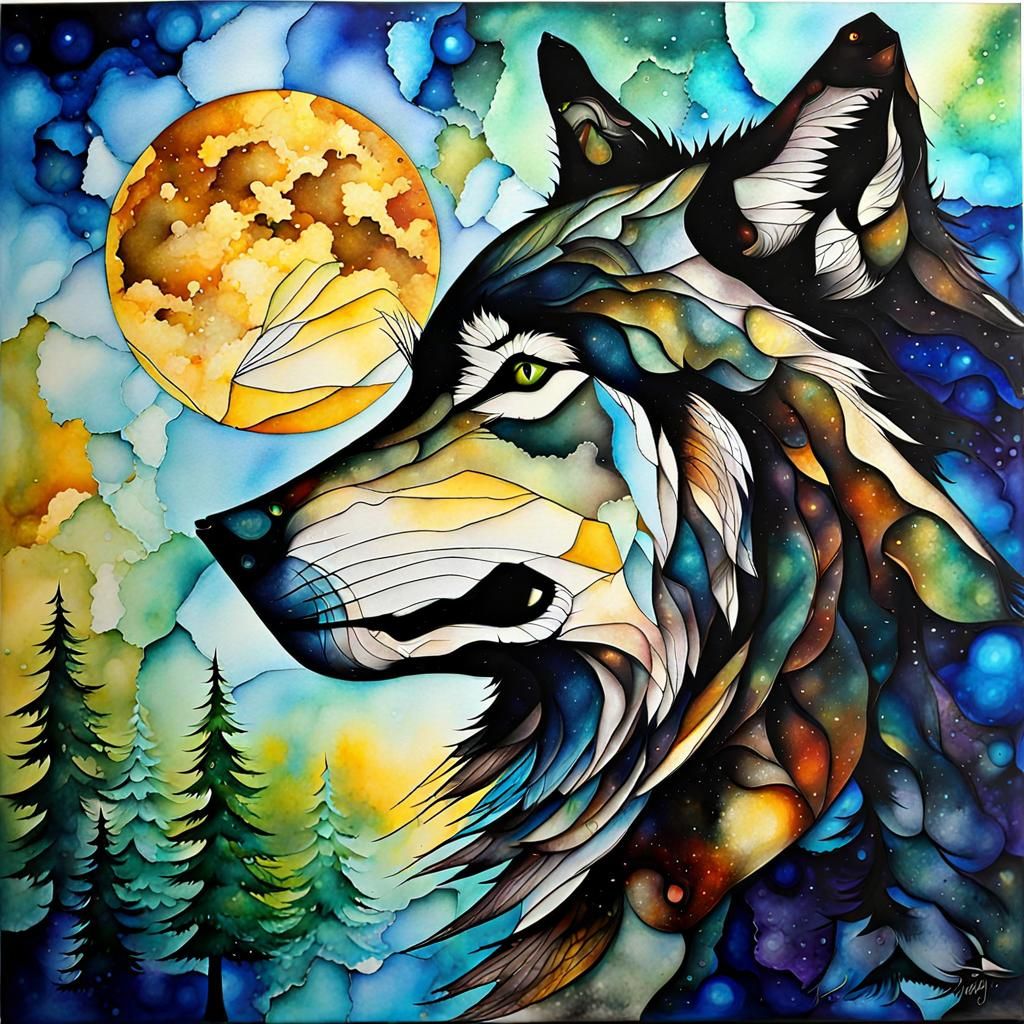 Wolf Howling in Moonlight: Divisionist Alcohol Ink Art