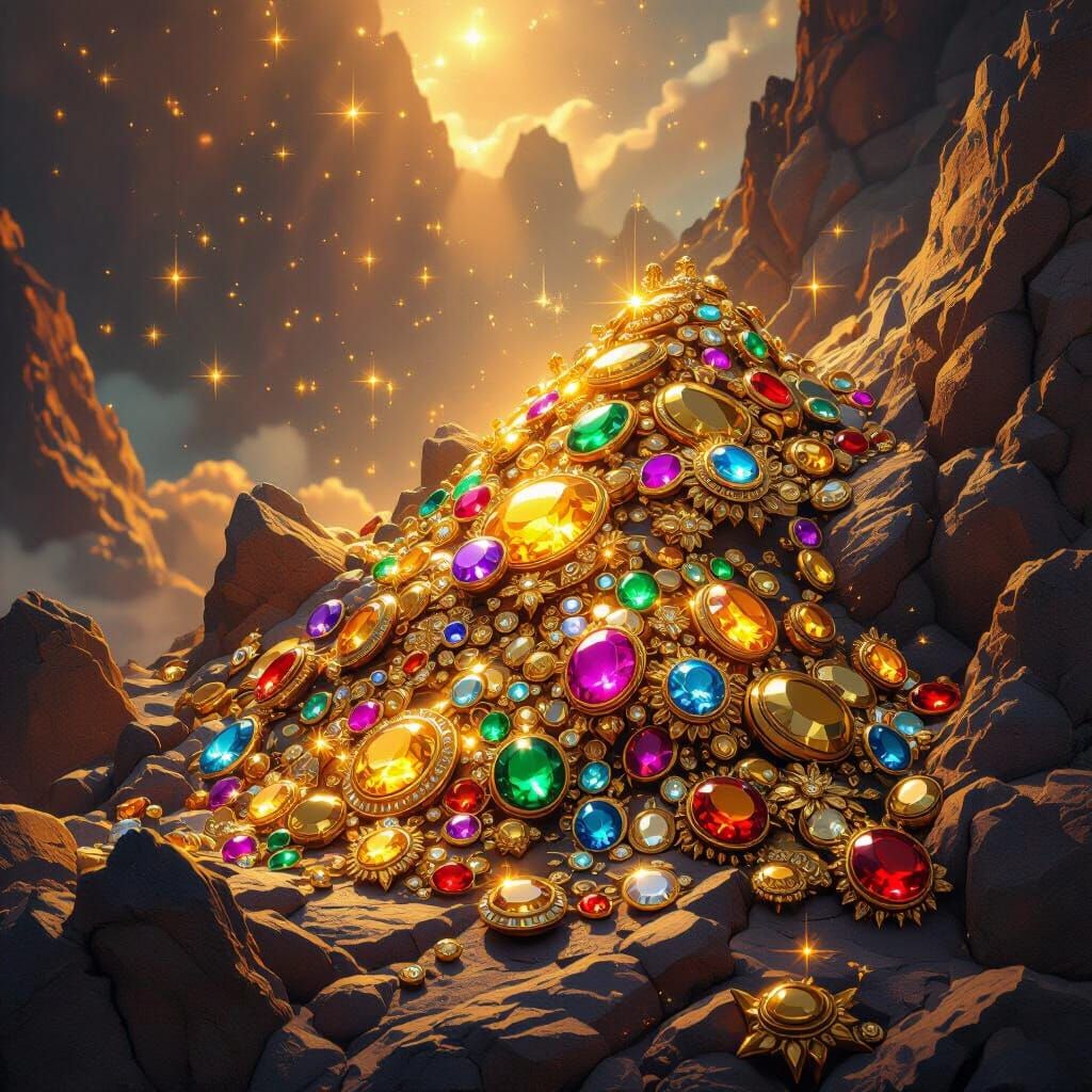 Luminous Treasure Hoard on Rocky Peak in Digital Art Style