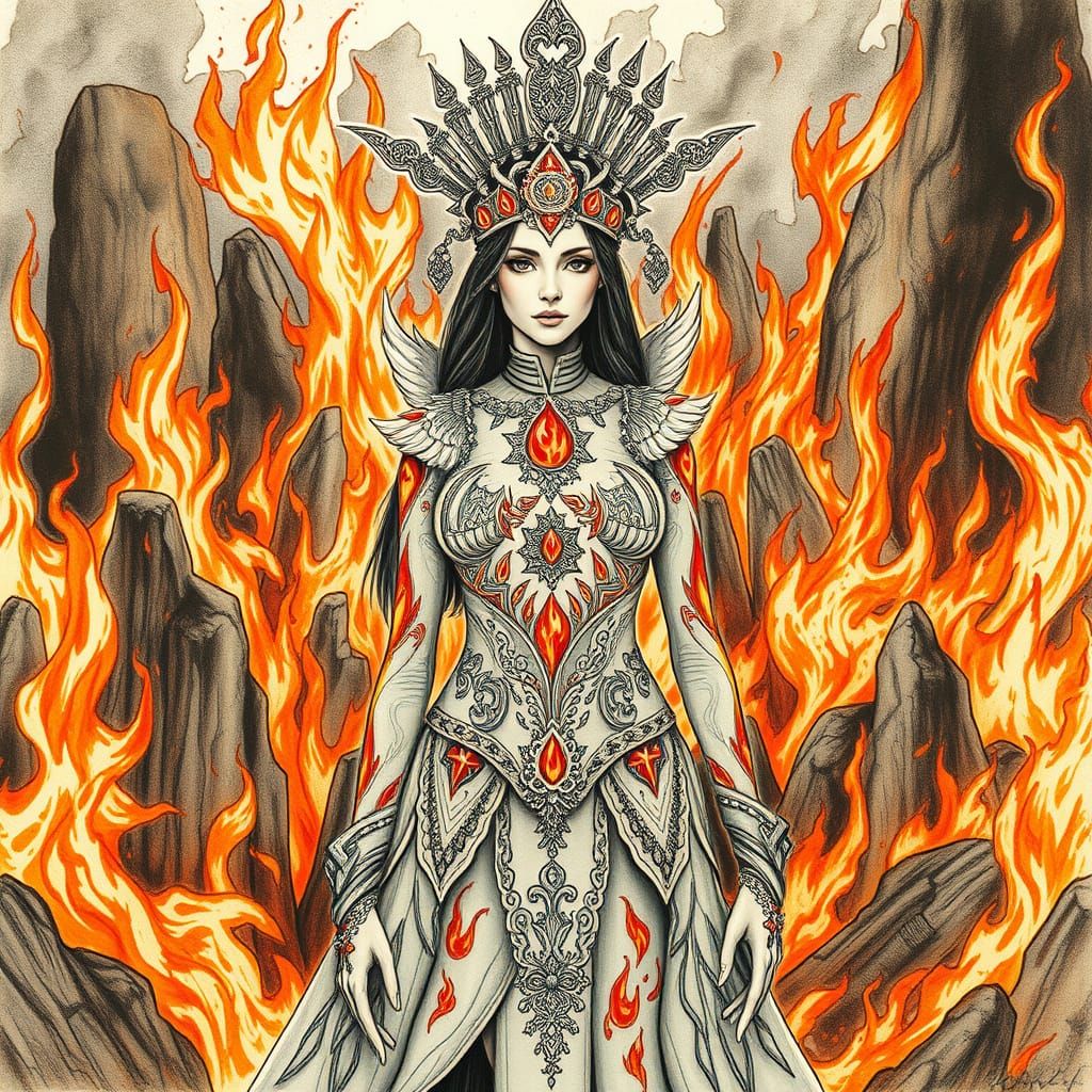 Dramatic Fire Goddess in Charcoal Drawing Style