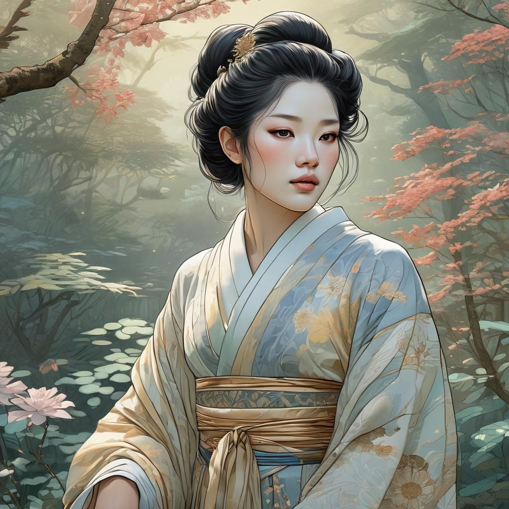 Geisha Portrait in Misty Garden, Moebius Style