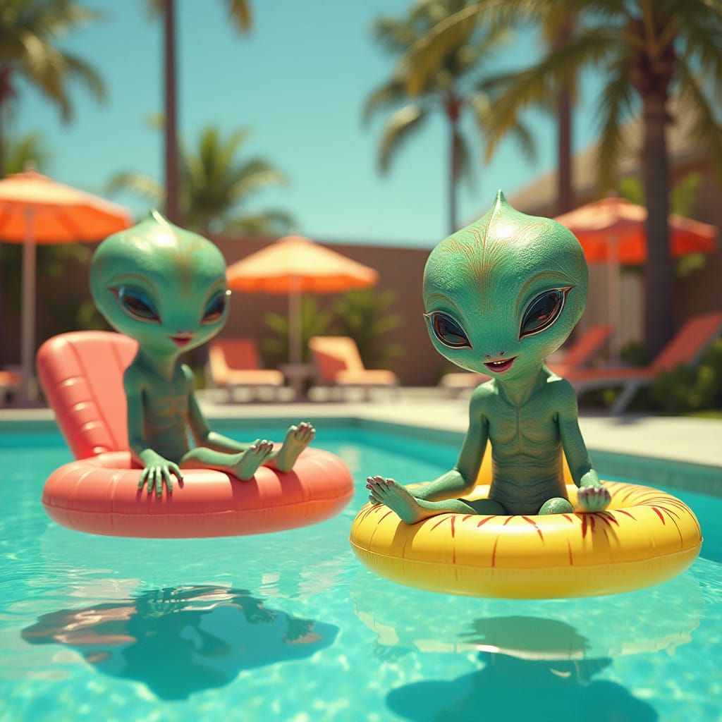 Vibrant Retro-Futuristic Alien Pool Scene