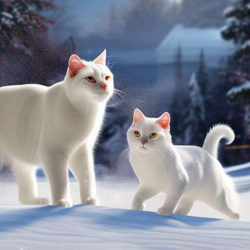 White Cats Playing in Snow: Hyperrealistic Digital Art