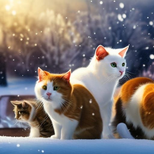 White Cats Frolic in Snowy Splash Art