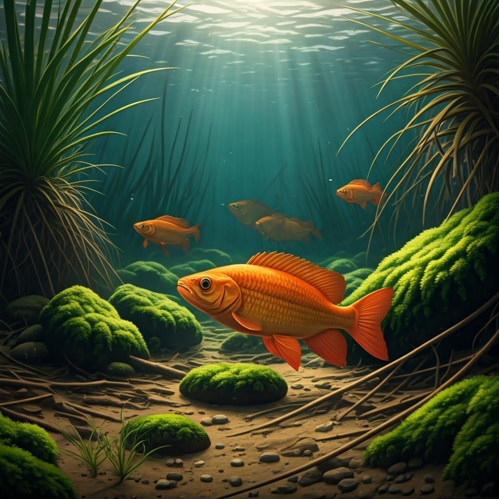 Vibrant Orange Fish Thrive Amidst Muddy Swamp Ecosystem