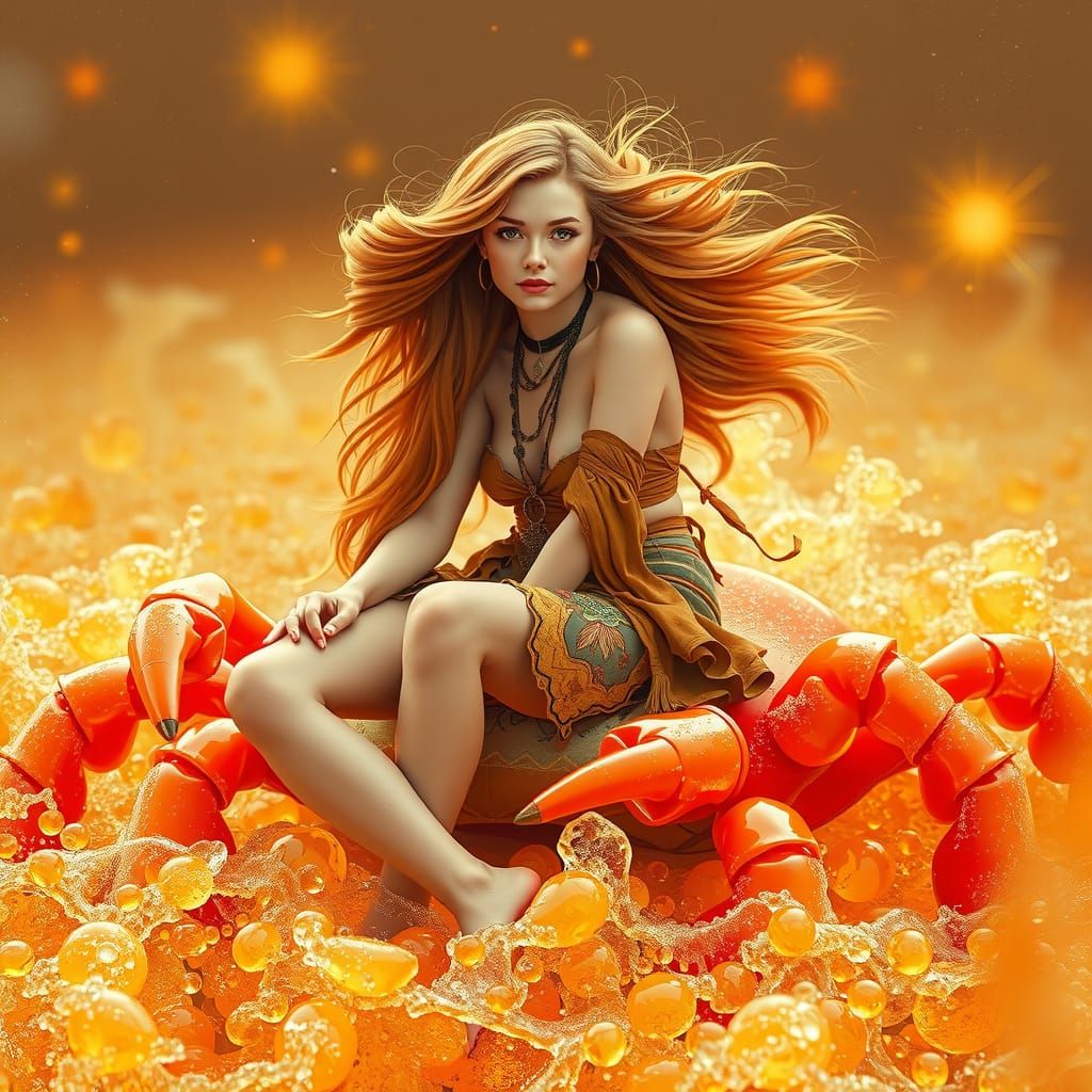 Woman on Gummy Crab in Soda Sea: Neon Futurism