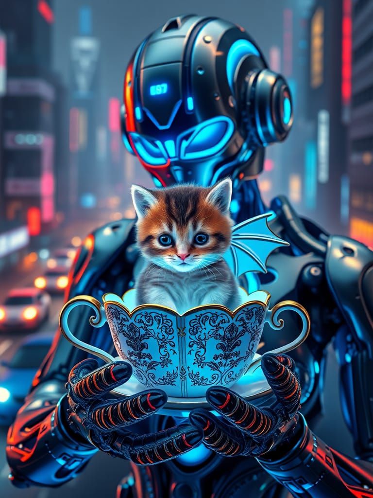 Cyborg with Kitten in Teacup: Sci-Fi Surrealism