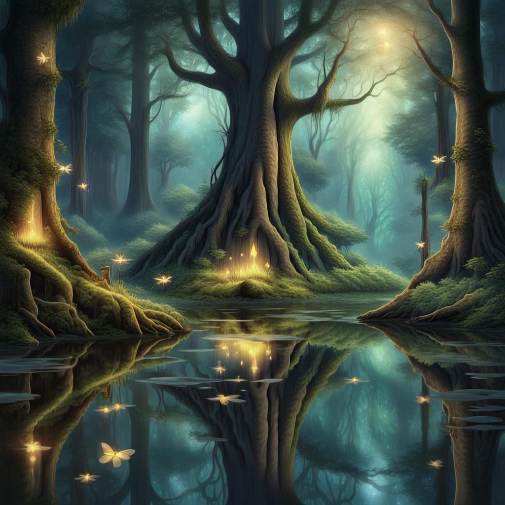 Within the mystical water, an ancient forest is mirrored, with towering trees, enchanted creatures, and glowing fireflie...
