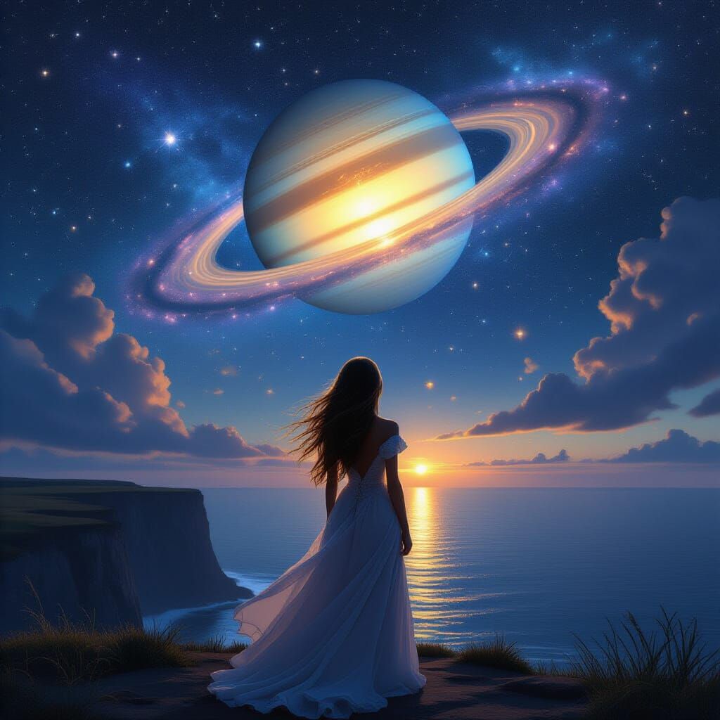 Woman Silhouetted on Cliff Gazing at Galaxy Sky