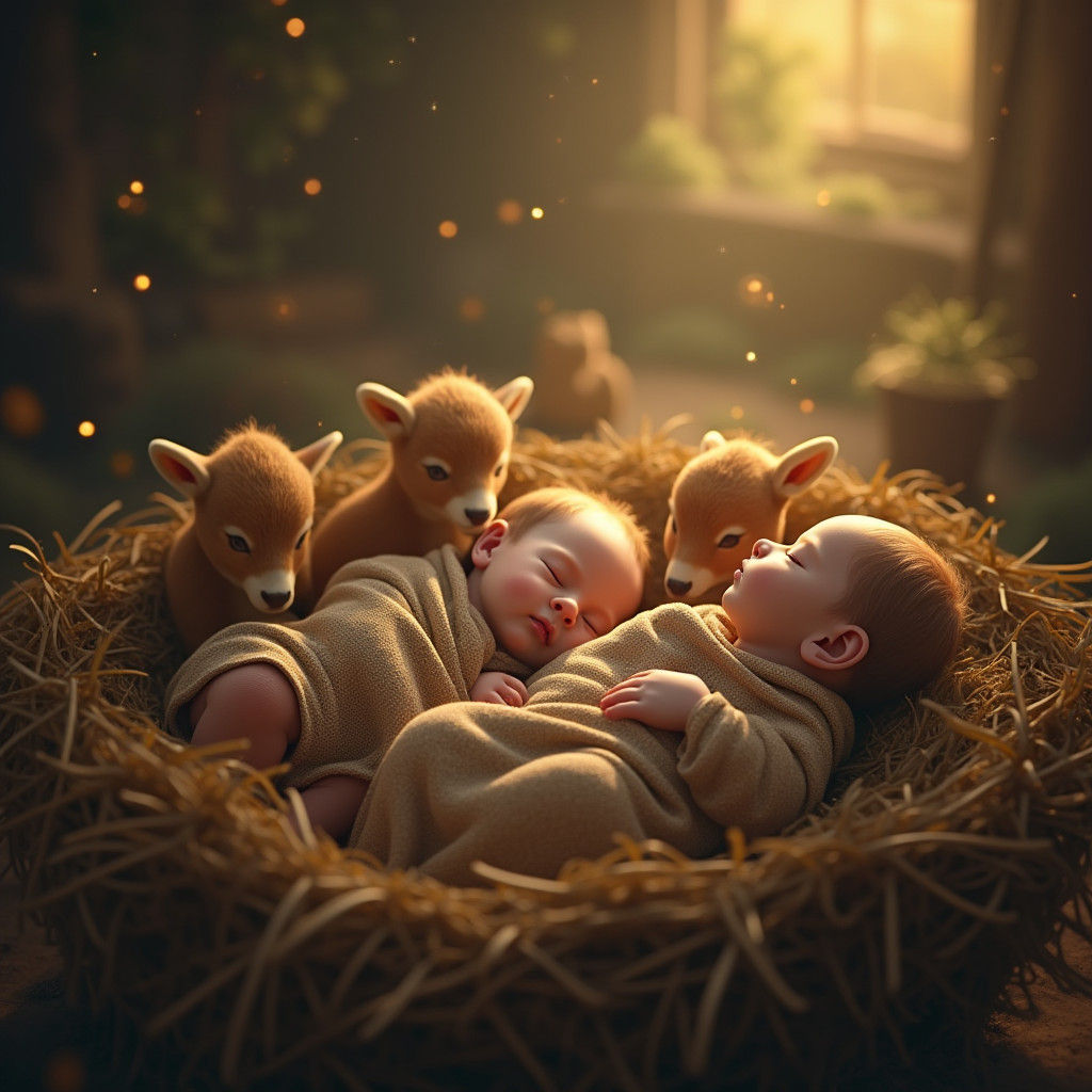 Infants in Manger with Animal Cubs: Fantasy Art