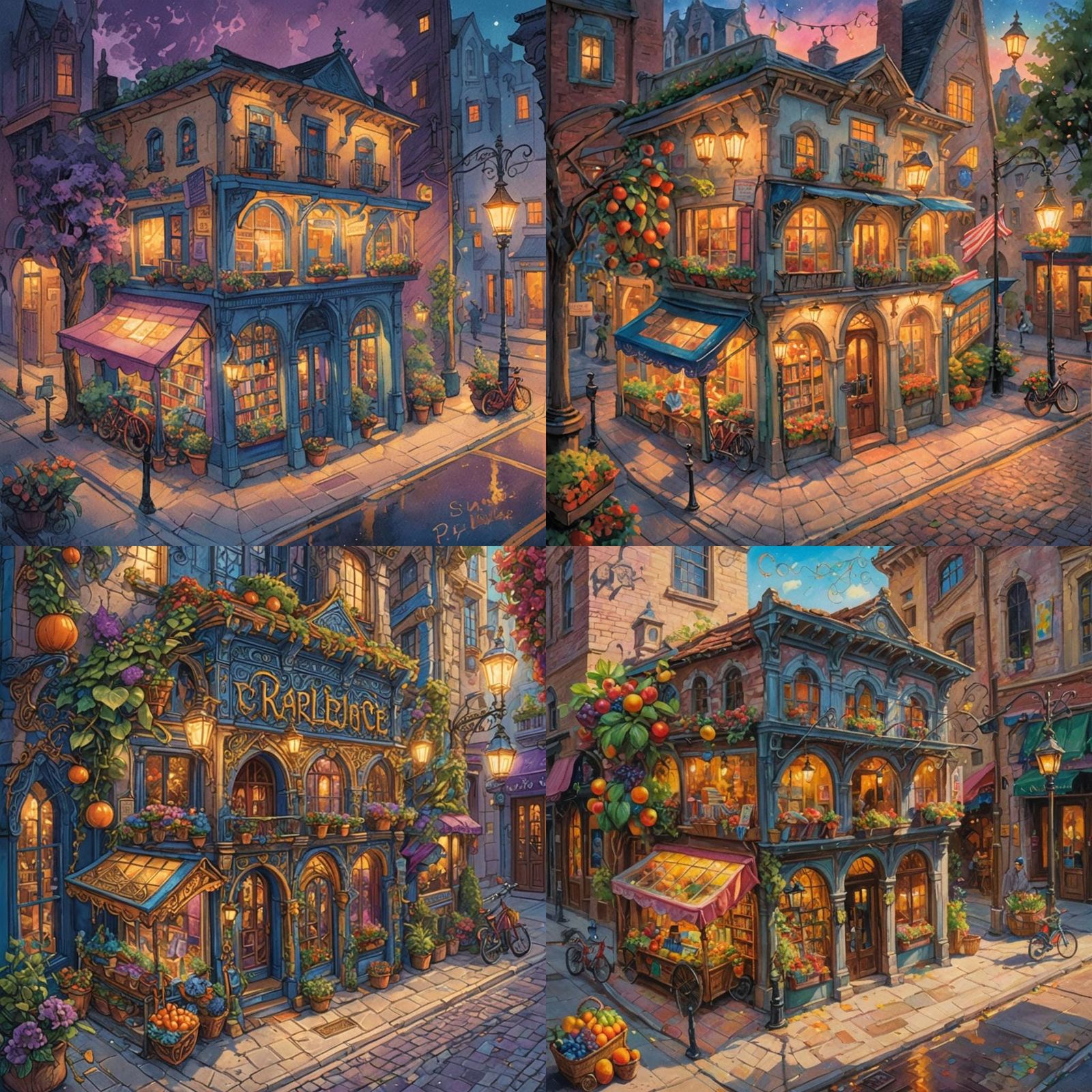 Fairytale Bookstore with Bike and Fruit Stand