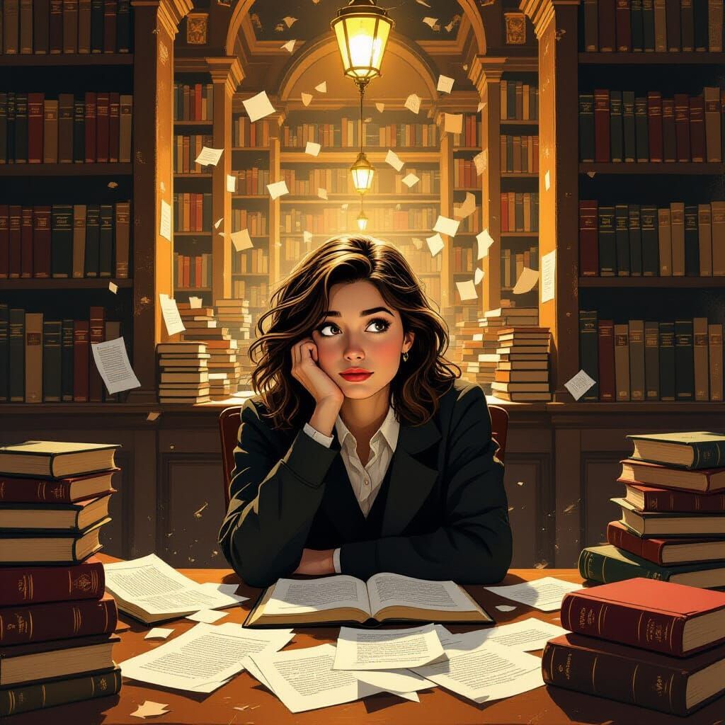 Contemplative Figure in Library, Digital Art