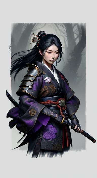 Samurai in Misty Forest, Ukiyo-e Digital Art